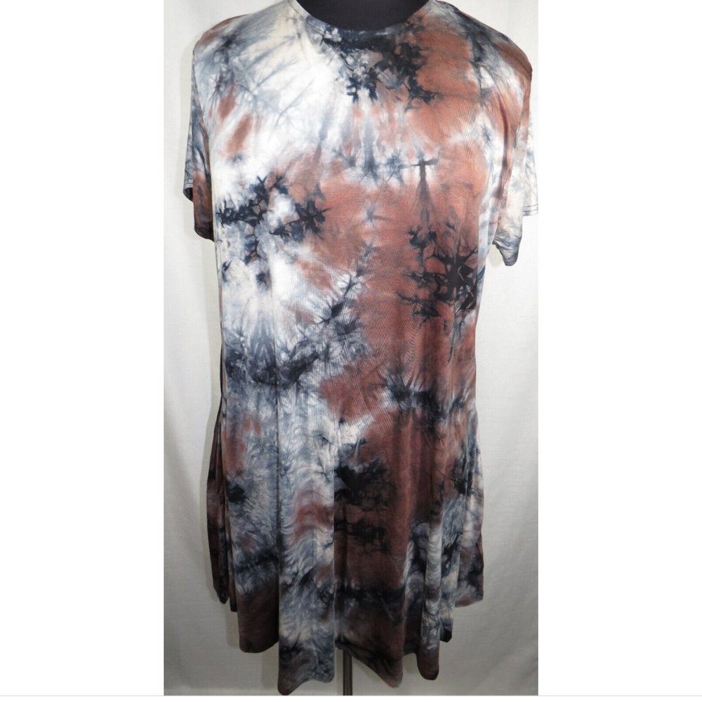 Riley & James Brown Gray Tie Dye Short Sleeve Dress, Pockets, Plus Size 3X